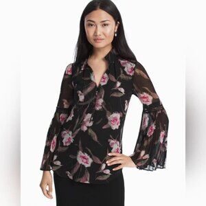 NWT! White House Black Market Gabrielle Print Blouse Floral Pleated Bell Sleeves